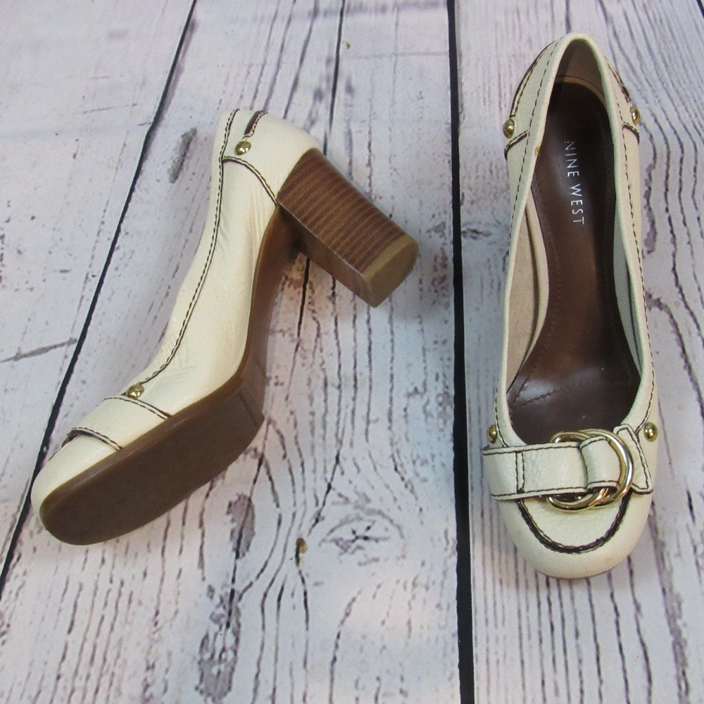 Nine West Cream Block Heel Pumps with Gold Buckle